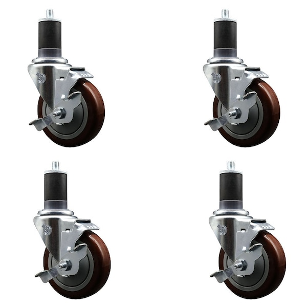 Service Caster 4'' Maroon Poly Swivel 1-5/8'' Expanding Stem Caster Set with Brake, 4PK SCC-EX20S414-PPUB-MRN-TLB-158-4 - main